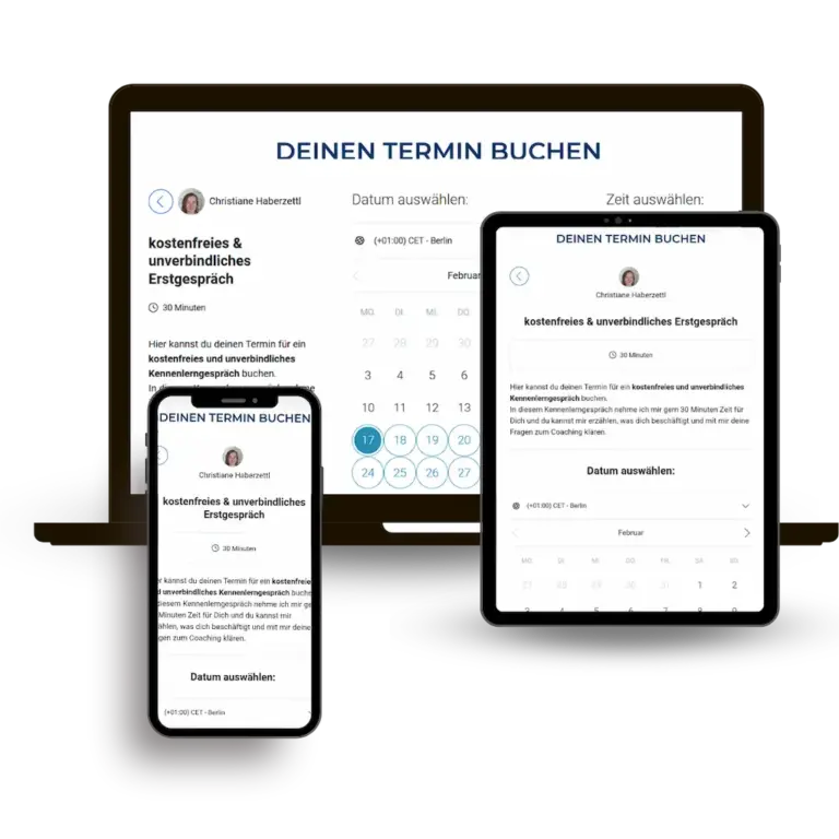 Eine Mockup-Grafik zeigt die digitale Kalenderansicht zur Terminbuchung auf einem Laptop, einem Tablet und einem Smartphone. Auf allen Bildschirmen steht die Überschrift „DEINEN TERMIN BUCHEN“ über dem Angebot für ein kostenfreies und unverbindliches Erstgespräch mit Christiane Haberzettl.